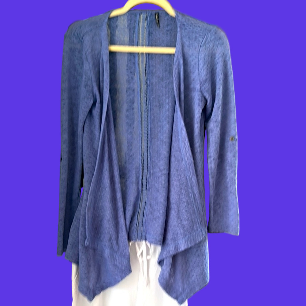 Waterfall Knit Cardigan Periwinkle Blue Open Front Roll Tab Sleeves Size Small